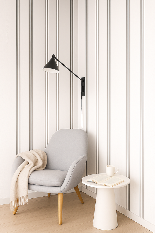 Elegant Reading Nook with Vertical Wood Panel Wallpaper