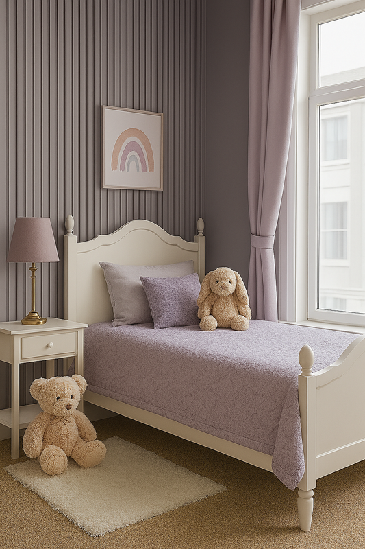 Soft Lavender-Inspired Kids' Bedroom with Textured Slat Wallpaper