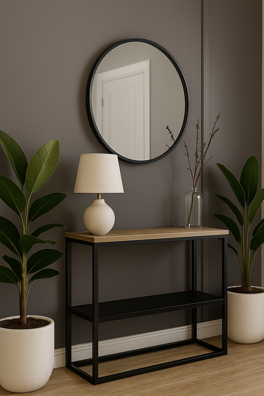 Modern Entryway with Charcoal Grey Slat Wallpaper and Minimalist Decor