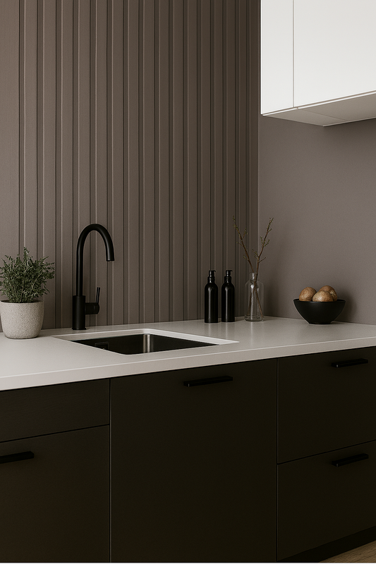 Modern Kitchen with Vertical Panel Wallpaper in Warm Grey