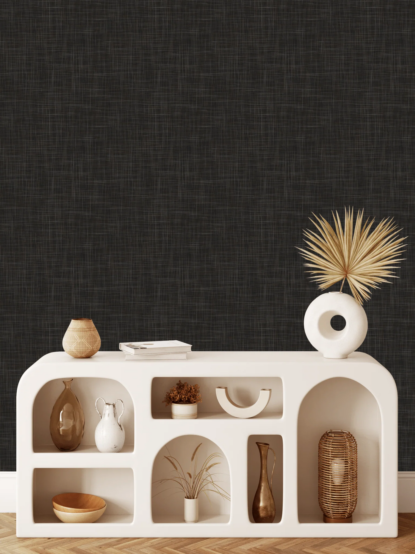 Black Grasscloth Peel and Stick Wallpaper (Faux)