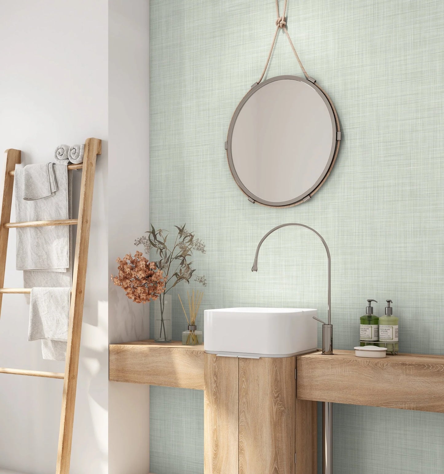 Sea foam Green Grass Cloth Peel and Stick Wallpaper (Faux)