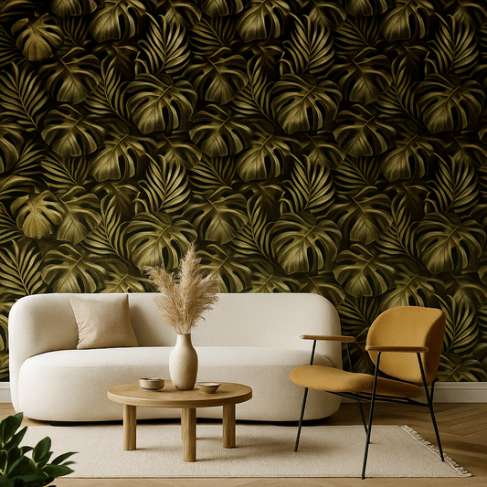 Golden Oasis: Tropical Wallpaper in Black and Gold
