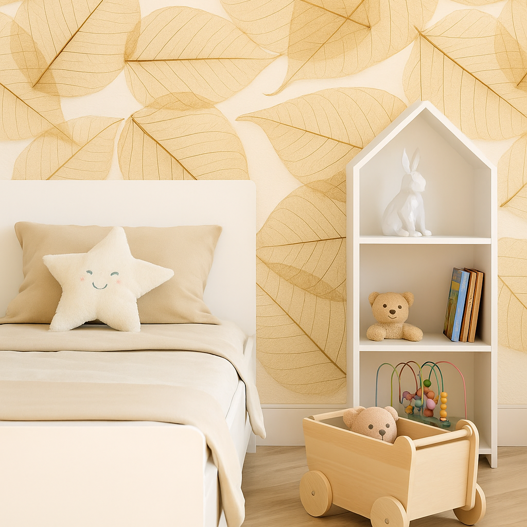 Natural Dream – Neutral Leaf Wallpaper for Kids' Spaces