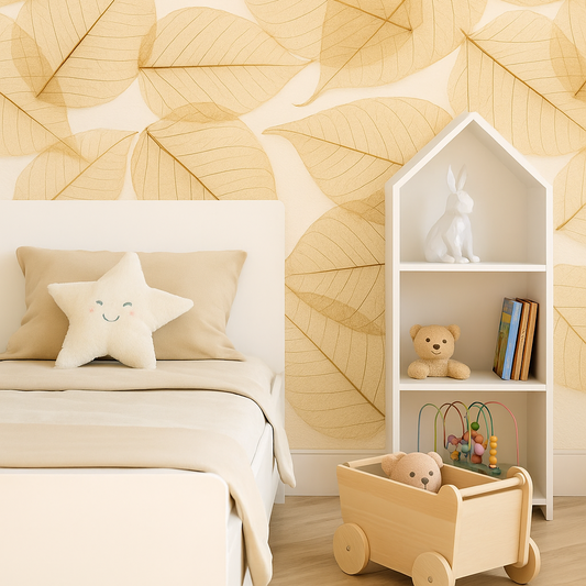 Natural Dream – Neutral Leaf Wallpaper for Kids' Spaces