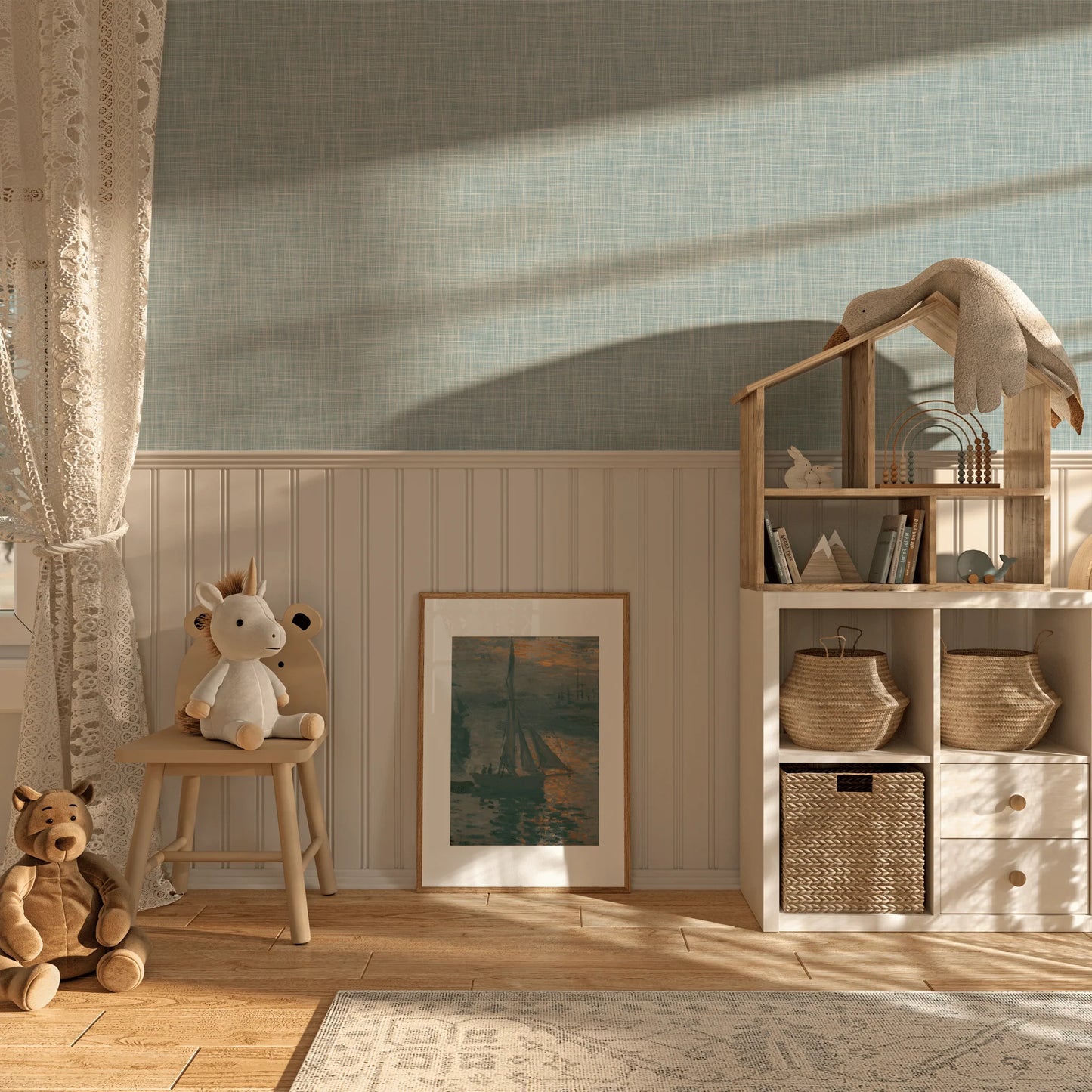 Sky Blue Grasscloth Peel and Stick Wallpaper (Faux)
