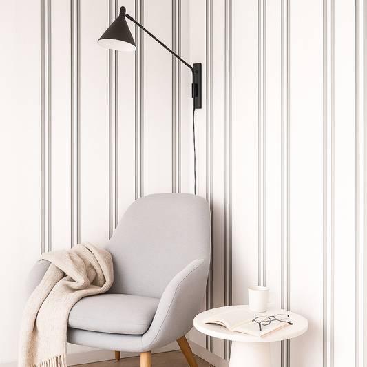 Elegant Reading Nook with Vertical Wood Panel Wallpaper