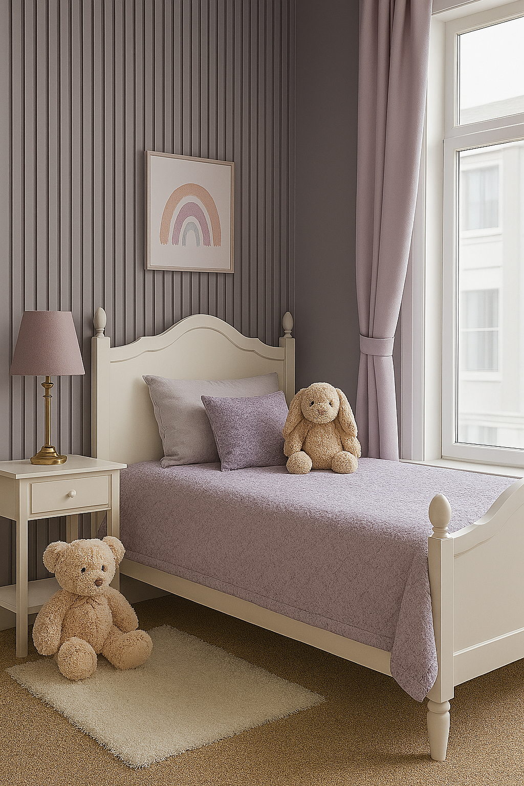 Soft Lavender-Inspired Kids' Bedroom with Textured Slat Wallpaper