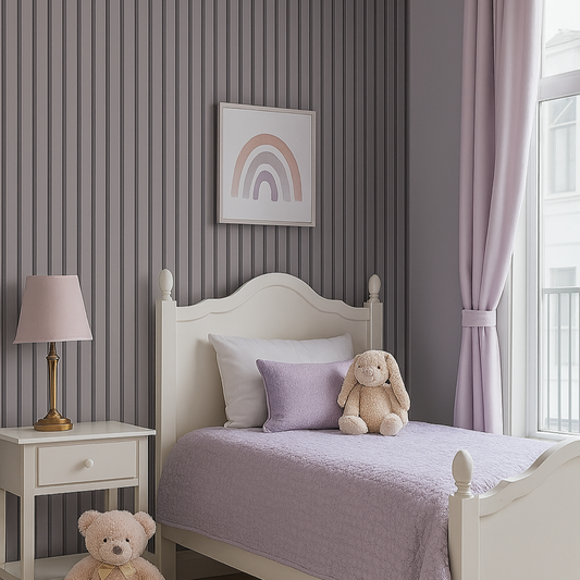 Soft Lavender-Inspired Kids' Bedroom with Textured Slat Wallpaper