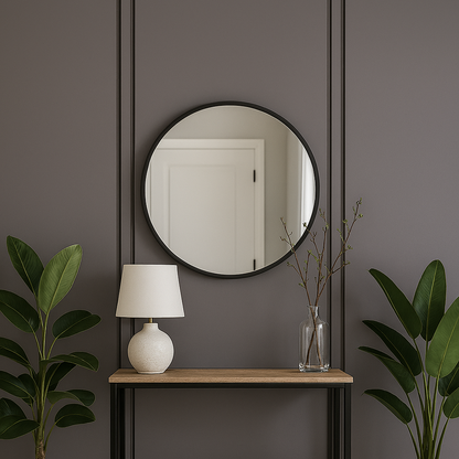 Modern Entryway with Charcoal Grey Slat Wallpaper and Minimalist Decor