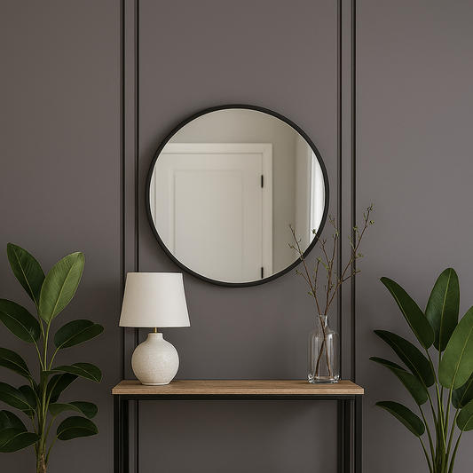 Modern Entryway with Charcoal Grey Slat Wallpaper and Minimalist Decor
