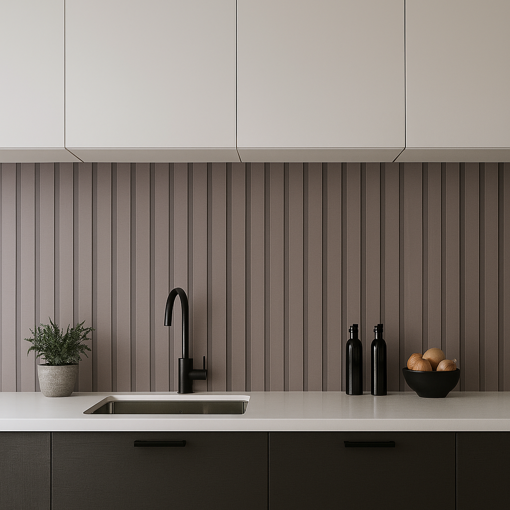 Modern Kitchen with Vertical Panel Wallpaper in Warm Grey